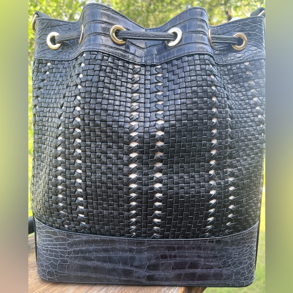 NWT Brahmin Large Marlowe Black Cascata Woven Leather Bucket Shoulder Bag - Picture 3 of 16